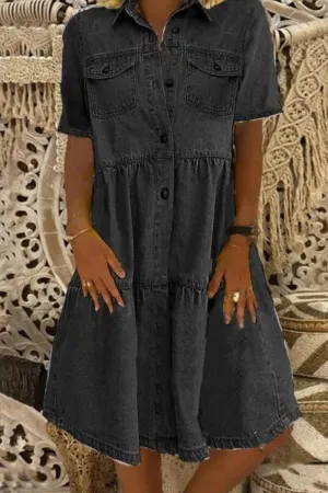 Casual Solid Patchwork Turndown Collar Short Sleeve Loose Denim Dresses