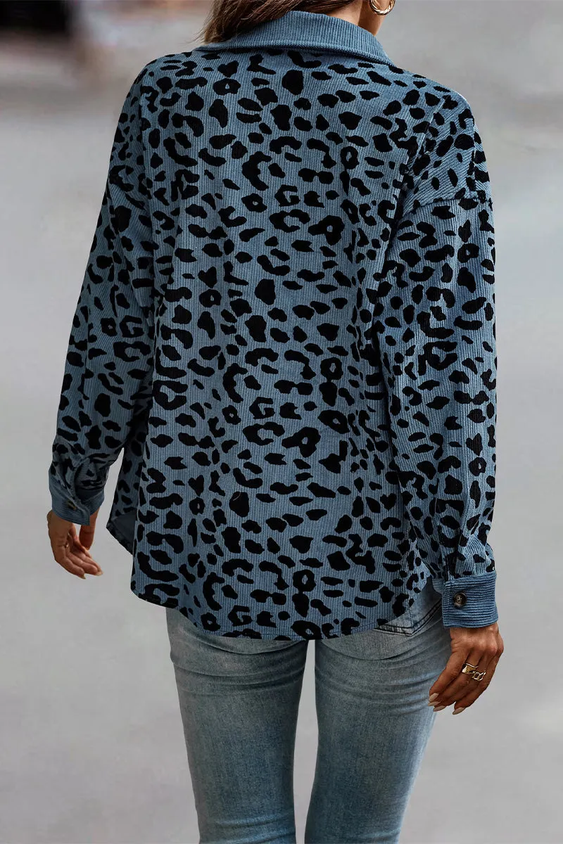 Casual Sweet Leopard Pocket Turndown Collar Tops