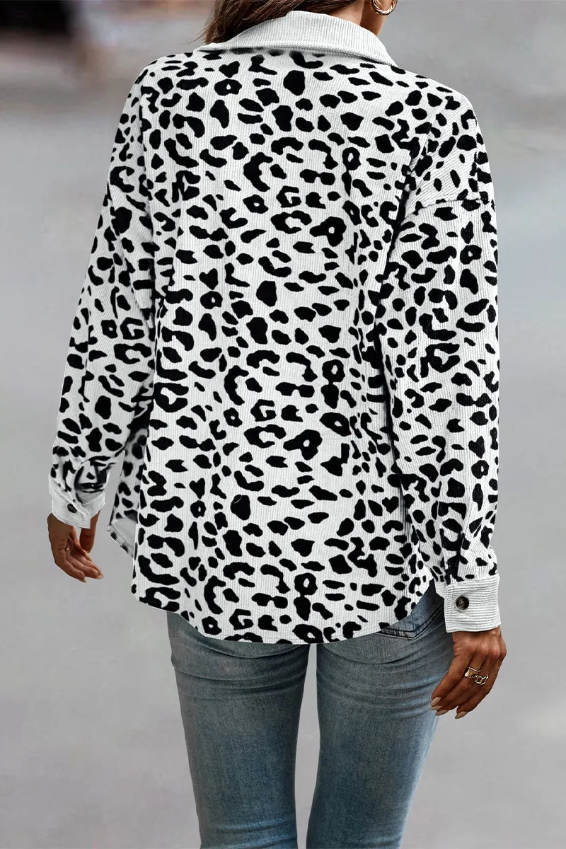 Casual Sweet Leopard Pocket Turndown Collar Tops