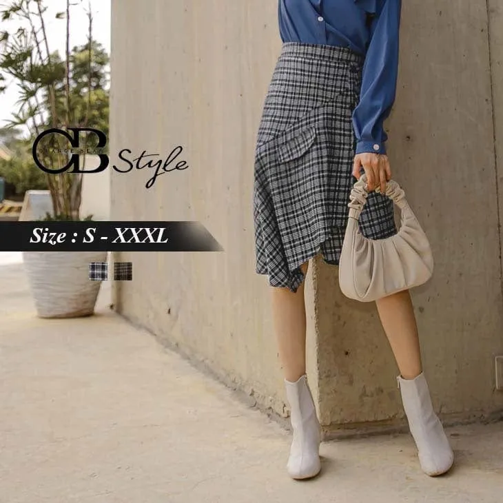 CHECKED BUTTONS ASYMMETRICAL HEM A-LINE SKIRTS