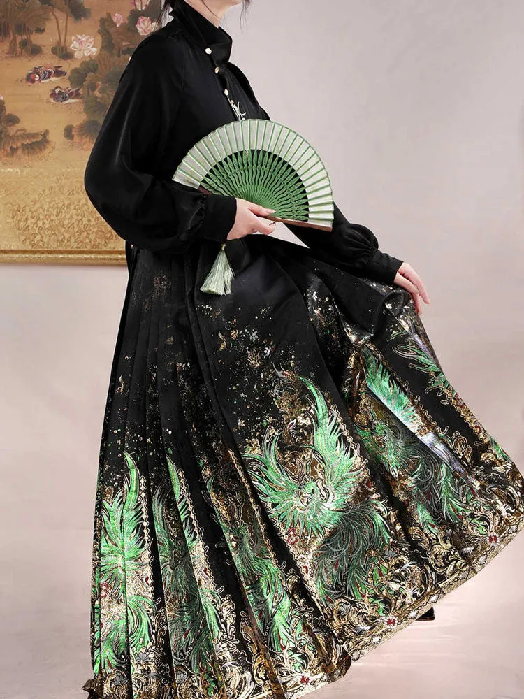 Chinese 'Shan Hai Jing' Qingluan Divine Bird Golden Weave Black Mamianqun Skirt