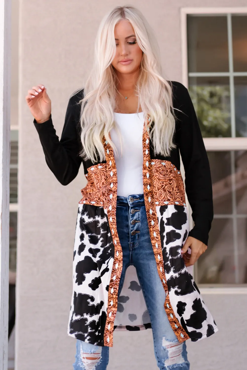 Classic Black Western Color Block Cardigan