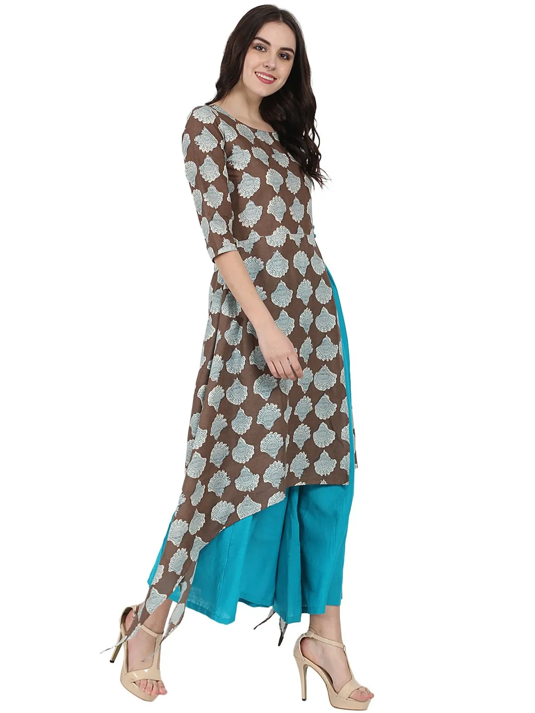 Coffee Brown Printed Half Sleeve Cotton Low High Kurta With Blue Flared Skirt