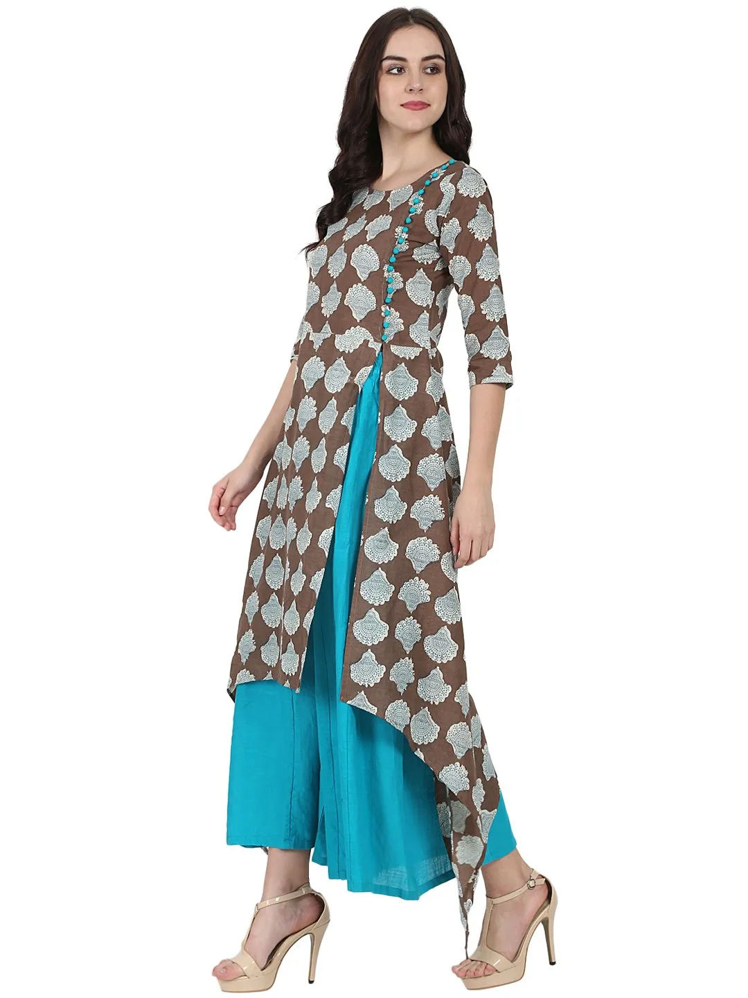 Coffee Brown Printed Half Sleeve Cotton Low High Kurta With Blue Flared Skirt