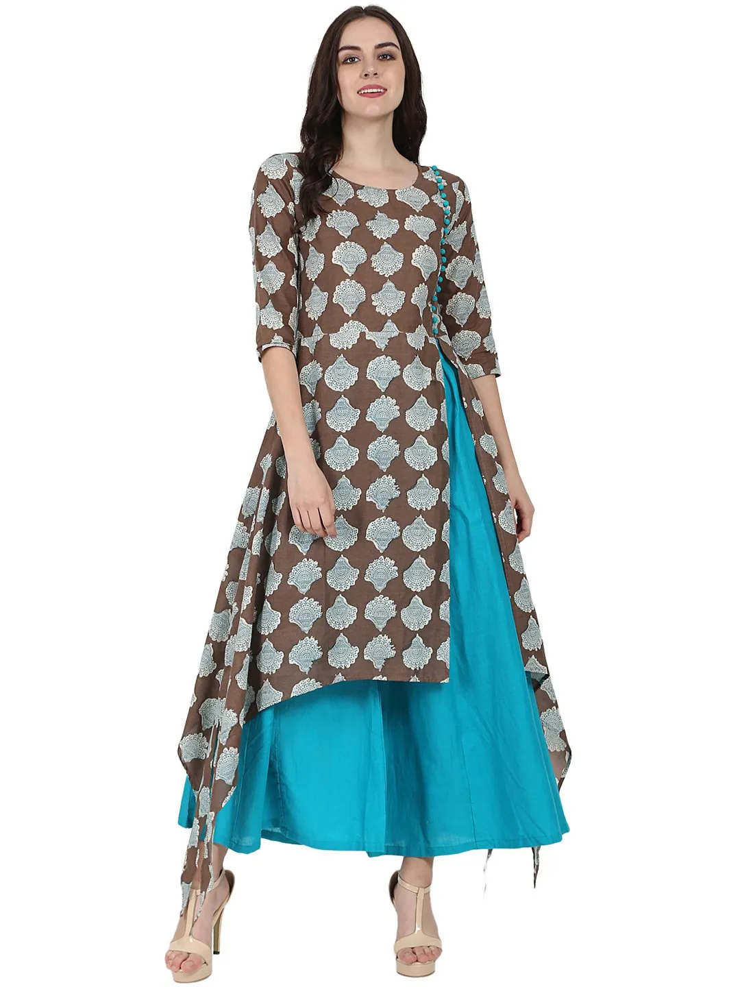 Coffee Brown Printed Half Sleeve Cotton Low High Kurta With Blue Flared Skirt