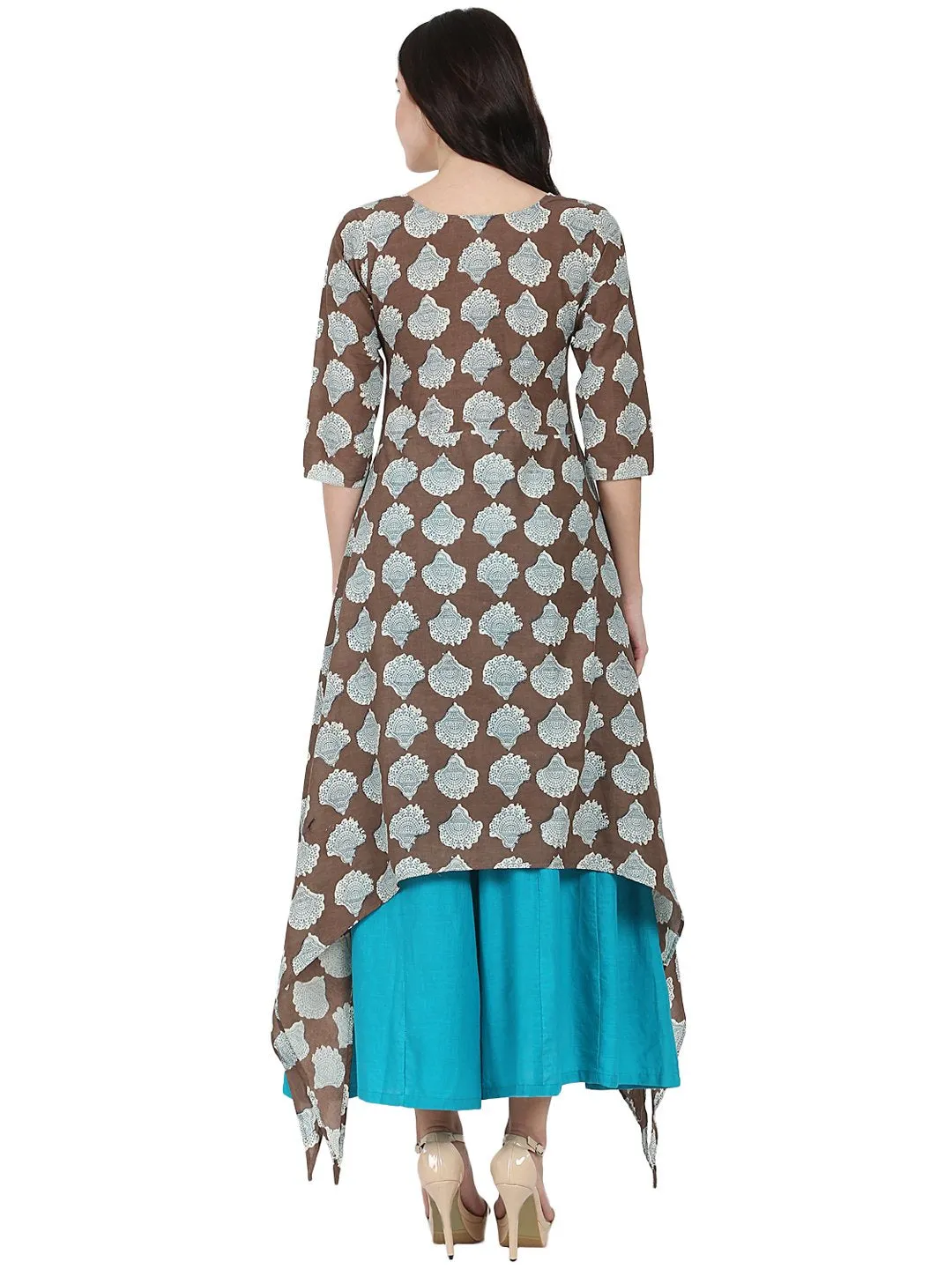 Coffee Brown Printed Half Sleeve Cotton Low High Kurta With Blue Flared Skirt