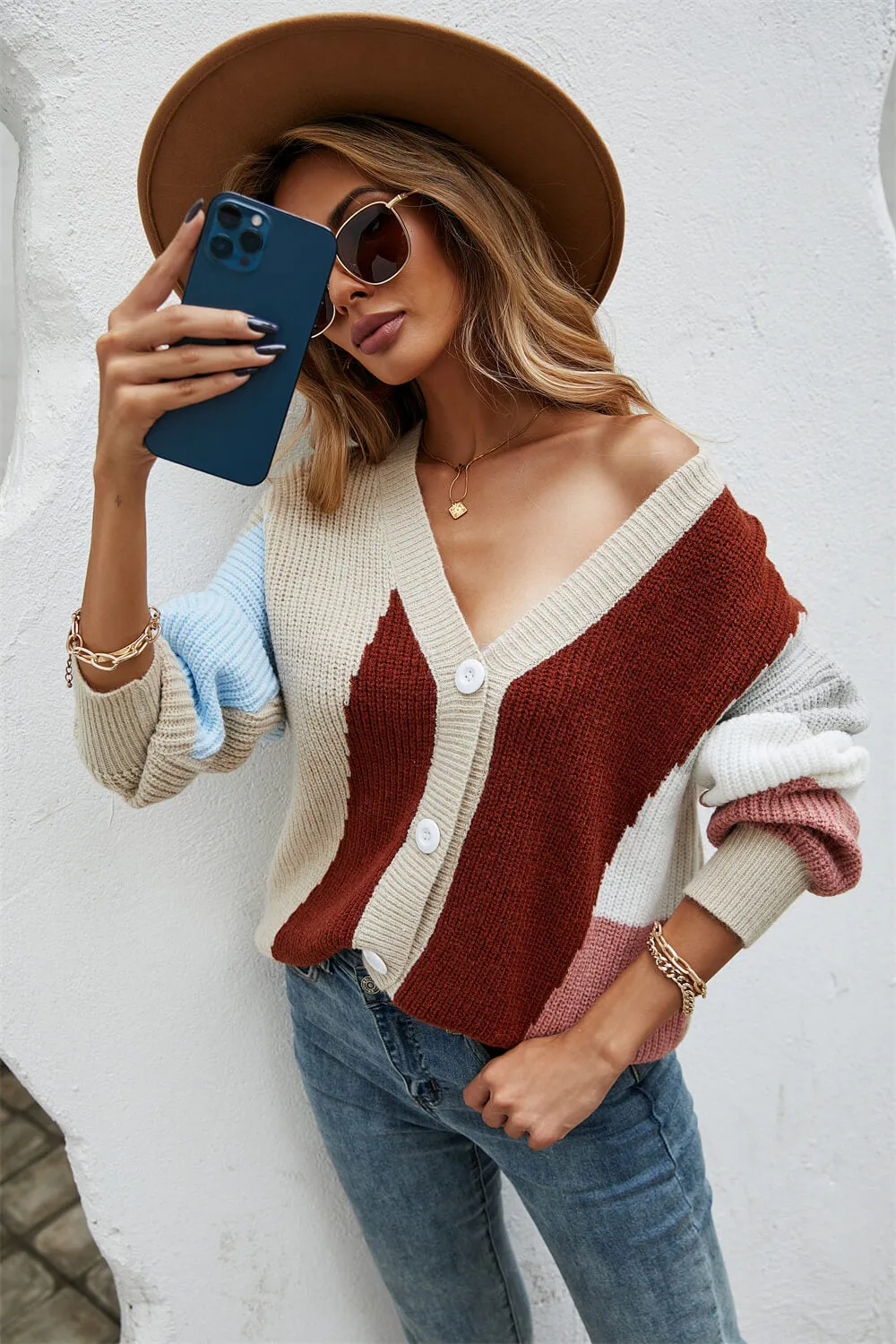 Contrast Button Front V-Neck Cardigan