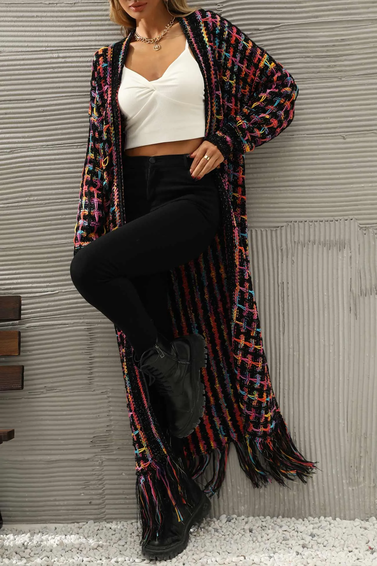 Contrast Fringe Hem Open Front Long Cardigan