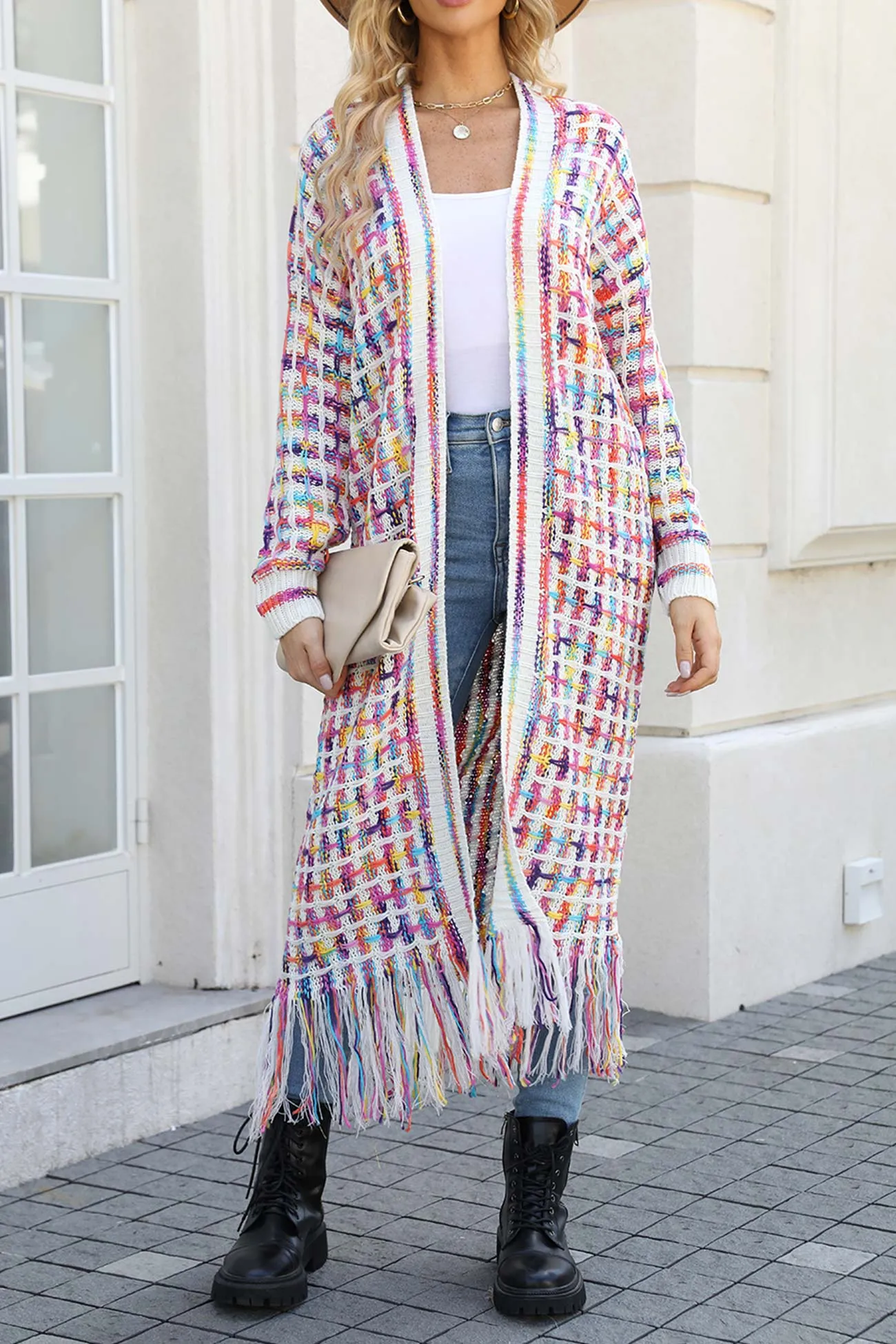 Contrast Fringe Hem Open Front Long Cardigan