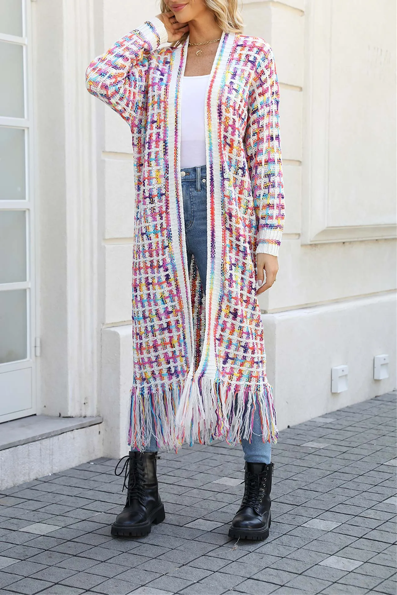 Contrast Fringe Hem Open Front Long Cardigan