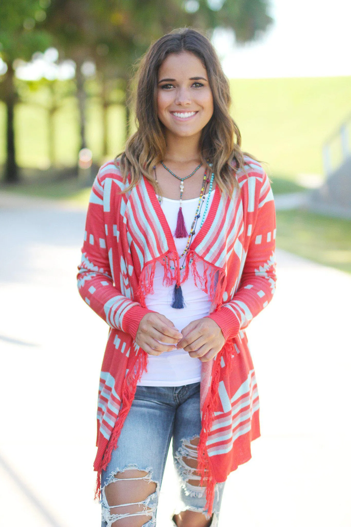 Coral and Mint Fringe Cardigan