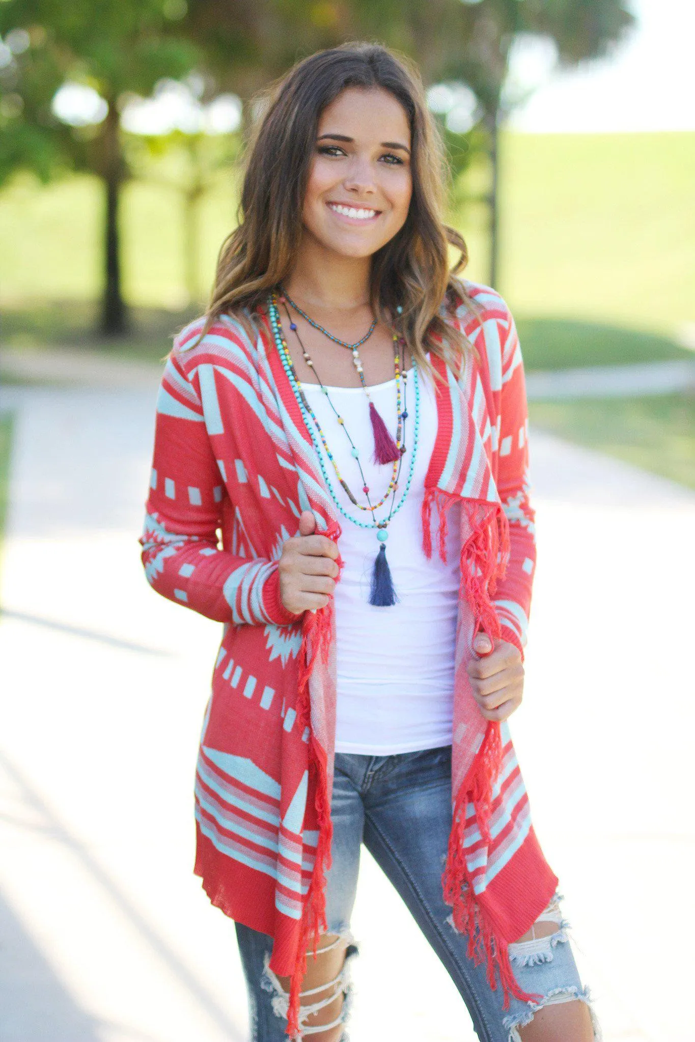 Coral and Mint Fringe Cardigan