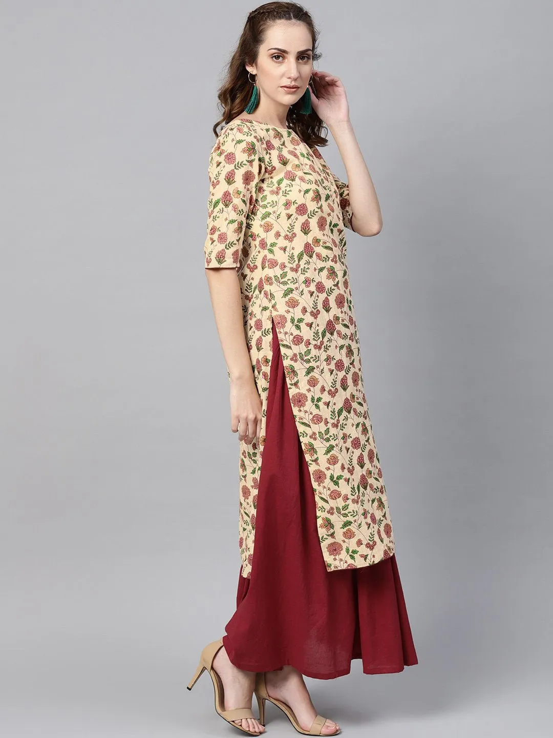 Cream Multi Colored Kurta Set With Solid Dark Maroon Skirt