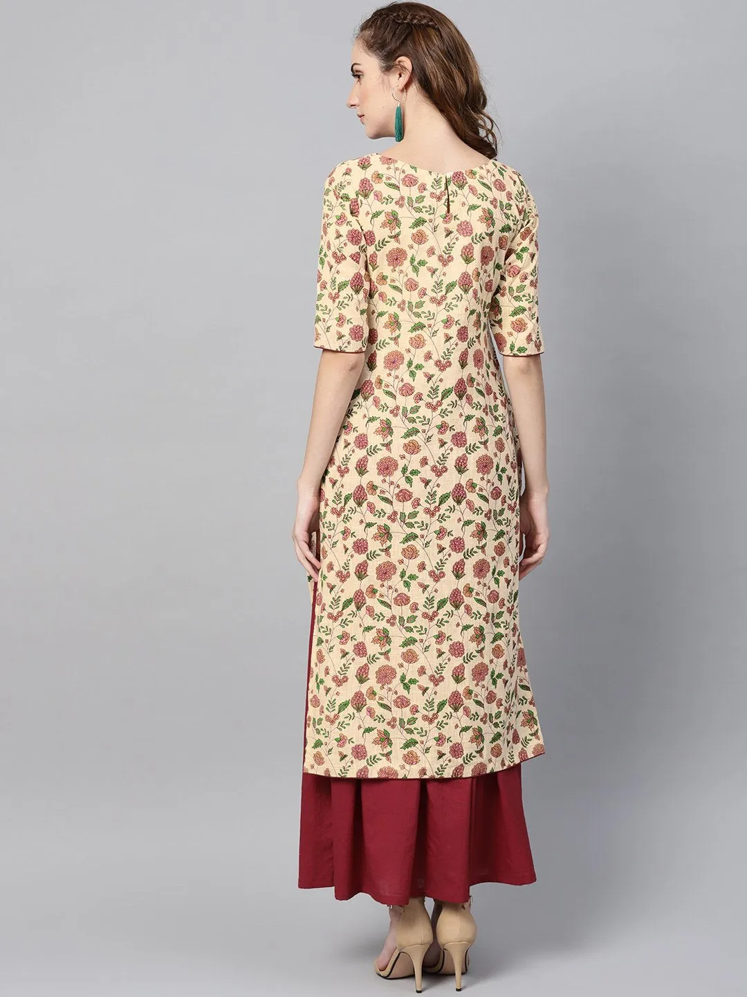 Cream Multi Colored Kurta Set With Solid Dark Maroon Skirt