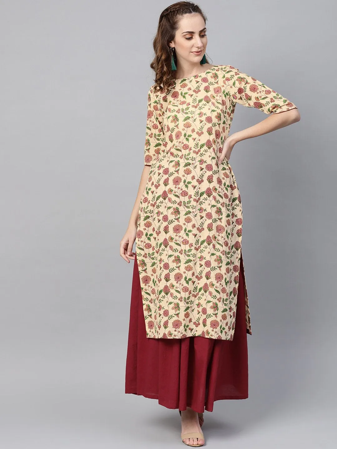 Cream Multi Colored Kurta Set With Solid Dark Maroon Skirt