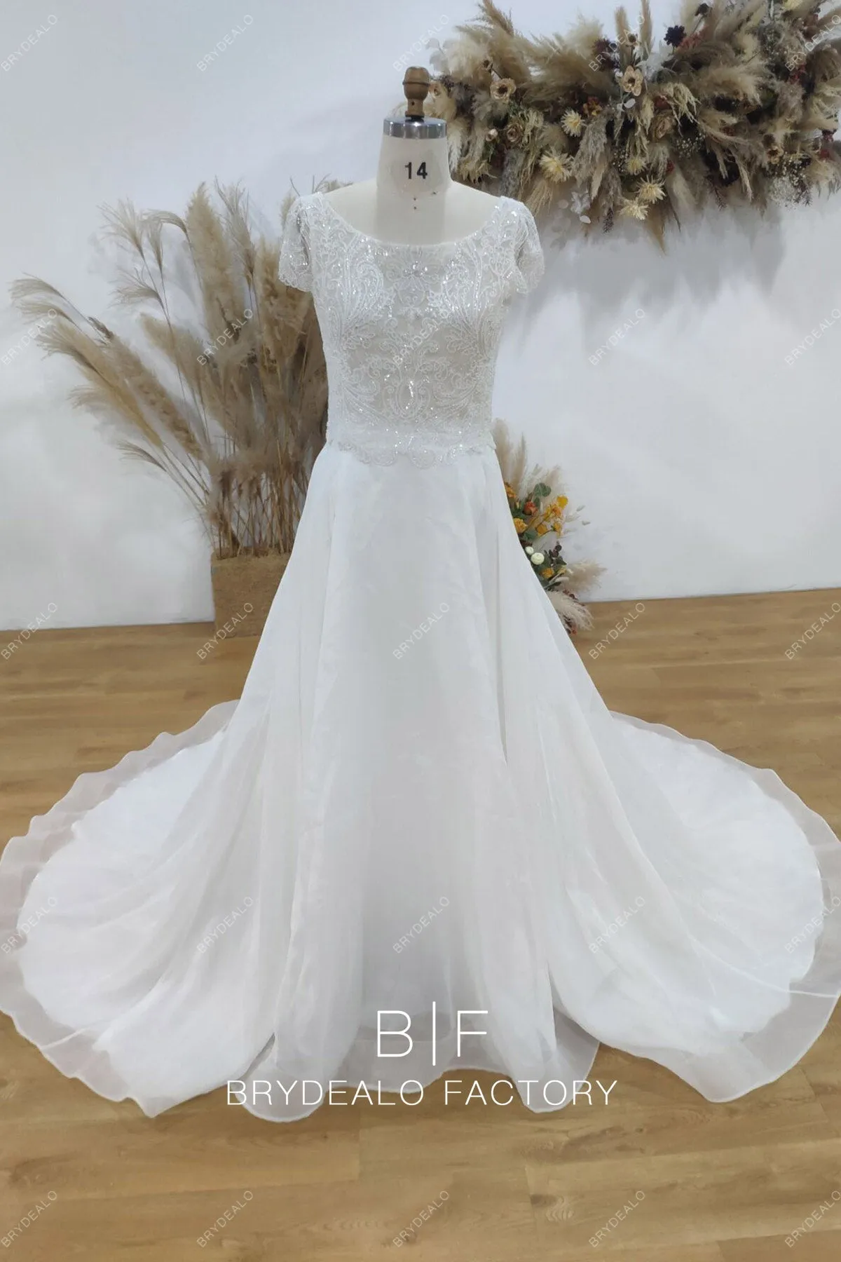 Custom Heavy Beading Lace Bridal Top Organza Skirt