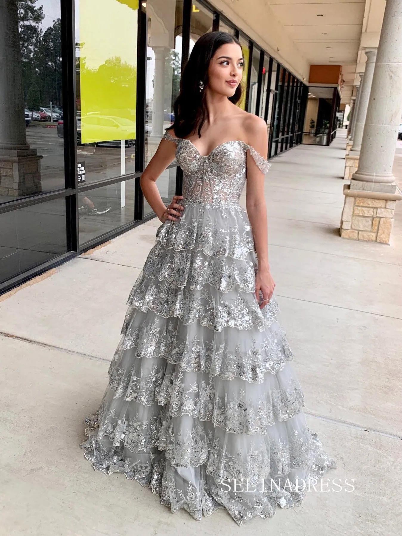 Cute A-line Off-the-shoulder Silver Lace Tulle Layered Long Prom Dresses lpk509