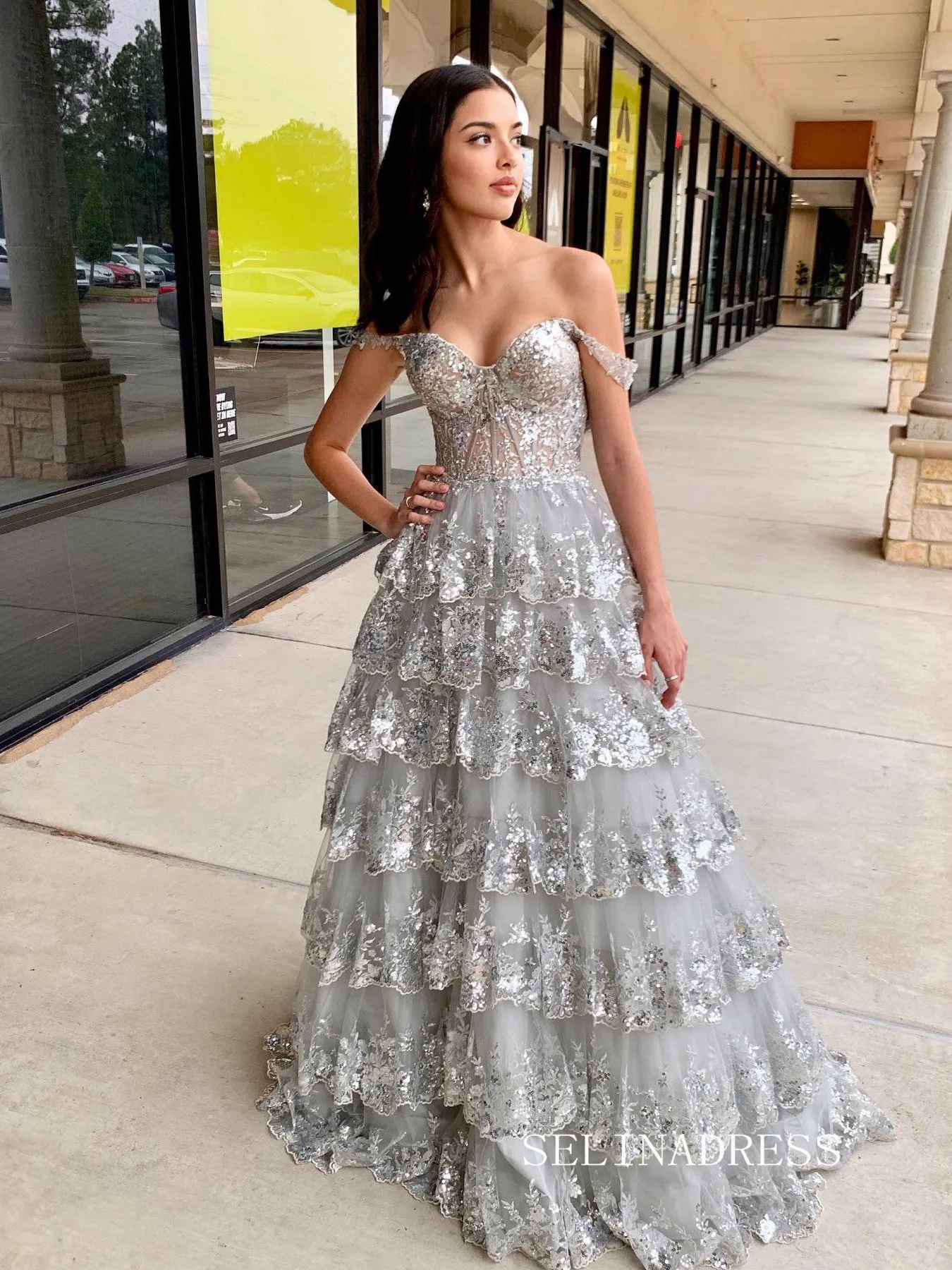 Cute A-line Off-the-shoulder Silver Lace Tulle Layered Long Prom Dresses lpk509