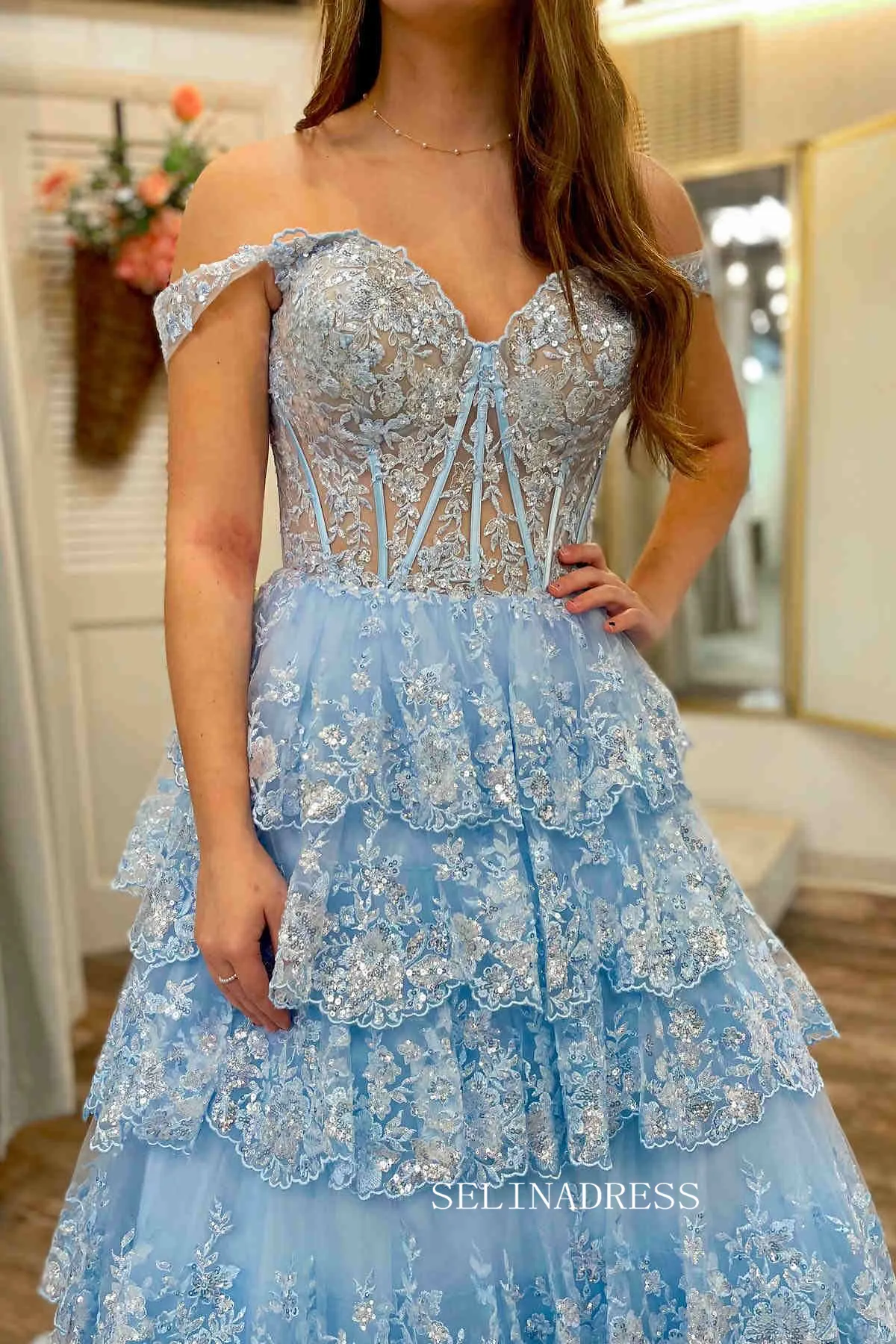 Cute A-line Off-the-shoulder Silver Lace Tulle Layered Long Prom Dresses lpk509