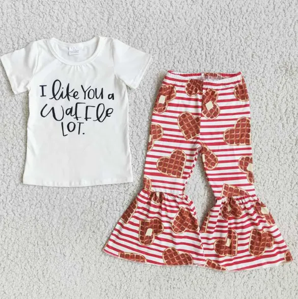 D9-4 I like u White Short Sleeve Heart Stripe Flared Pants set