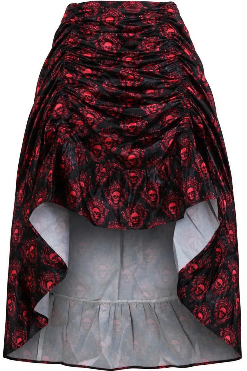 Daisy Corsets Red & Black Skull Satin Adjustable High Low Skirt - 34" Long