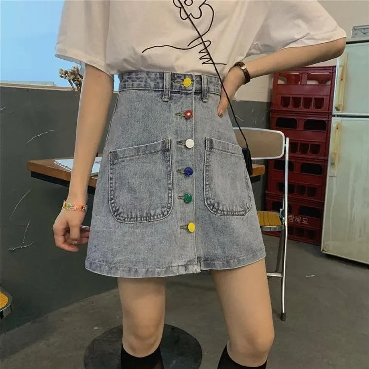 Denim Skirt with Colorful Buttons