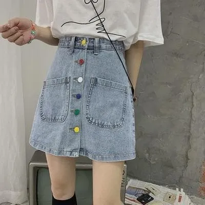 Denim Skirt with Colorful Buttons