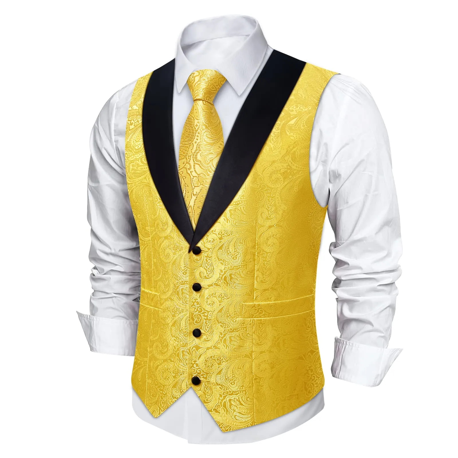 DiBanGu Flavescent Yellow Floral Silk Shawl Collar Mens Dress Vest Tie Set