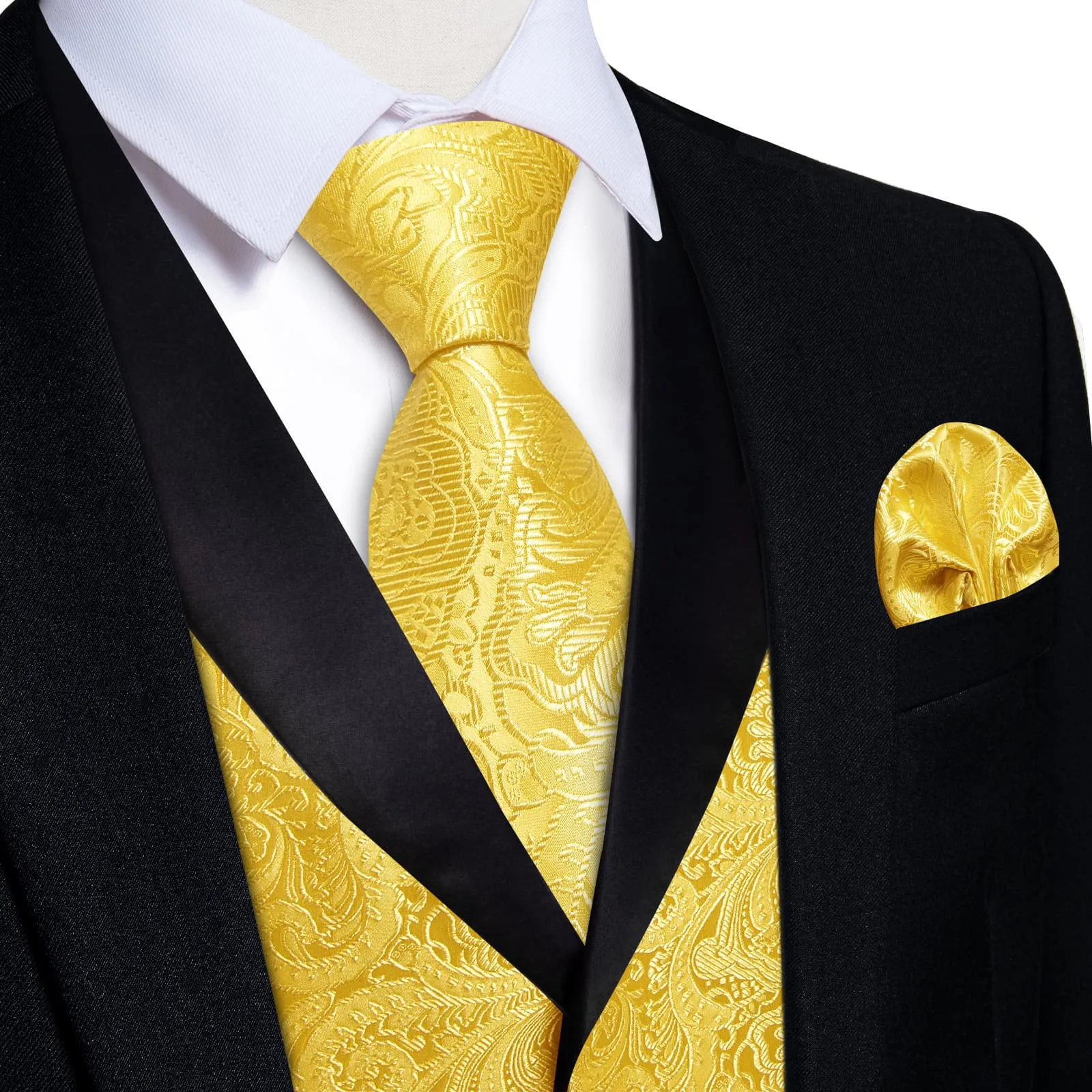 DiBanGu Flavescent Yellow Floral Silk Shawl Collar Mens Dress Vest Tie Set