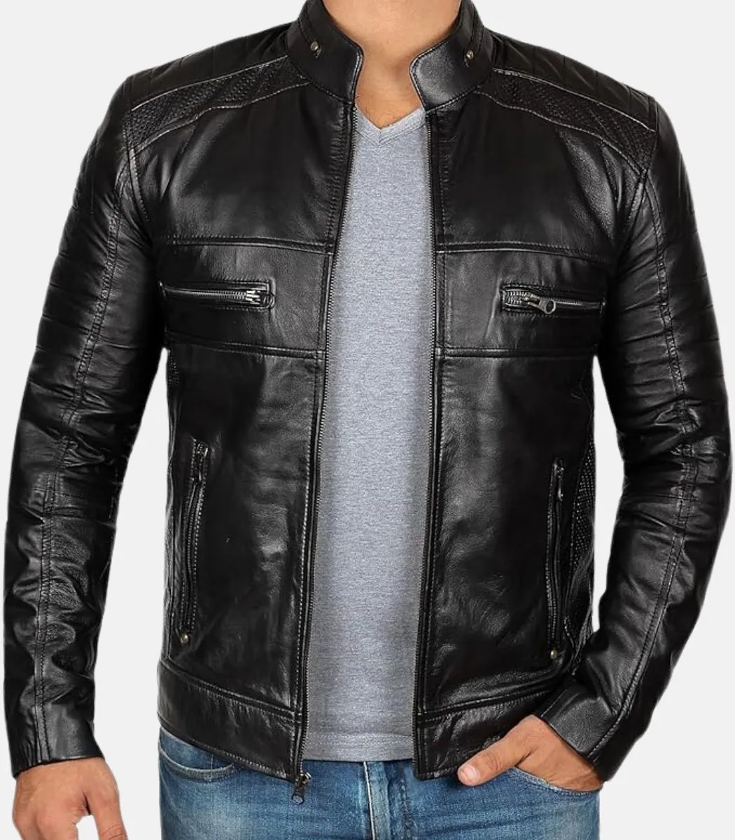 Distressed Leather Jacket with Zipper Closure