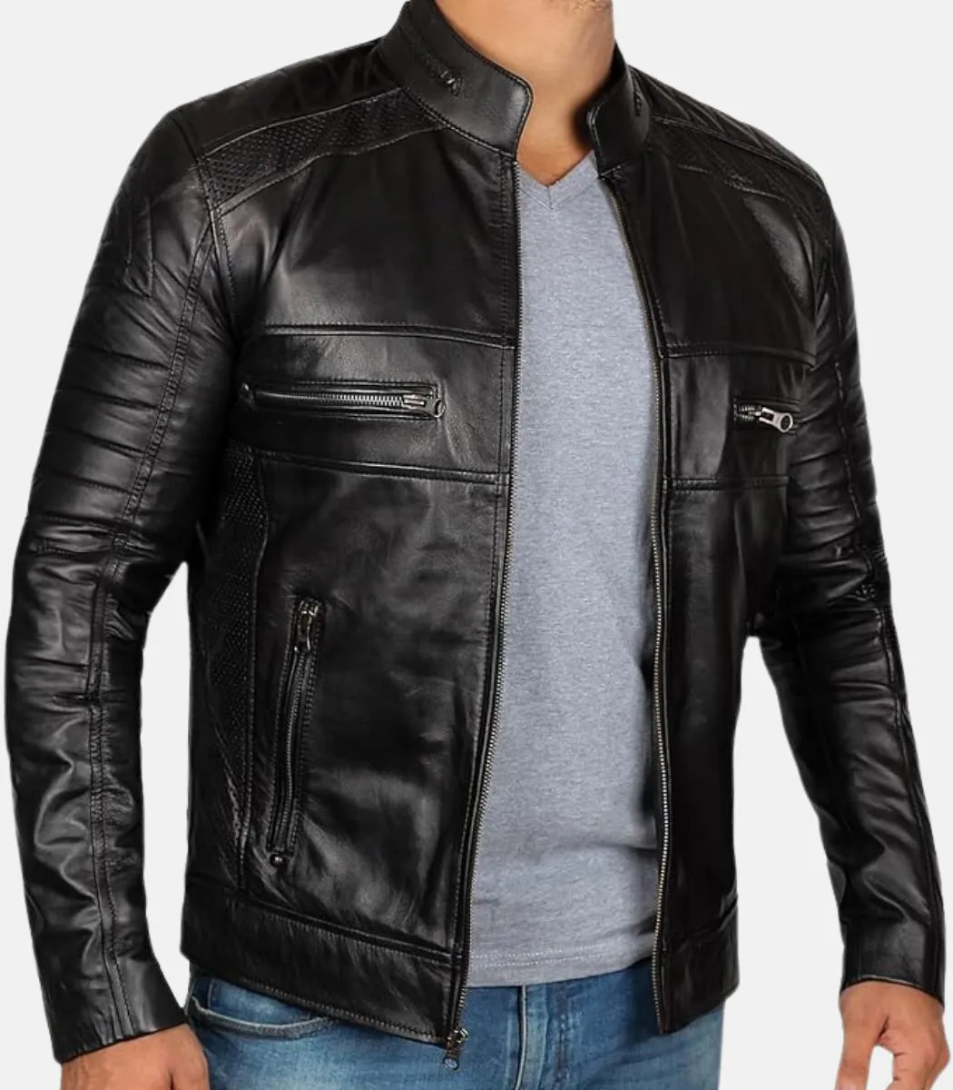 Distressed Leather Jacket with Zipper Closure