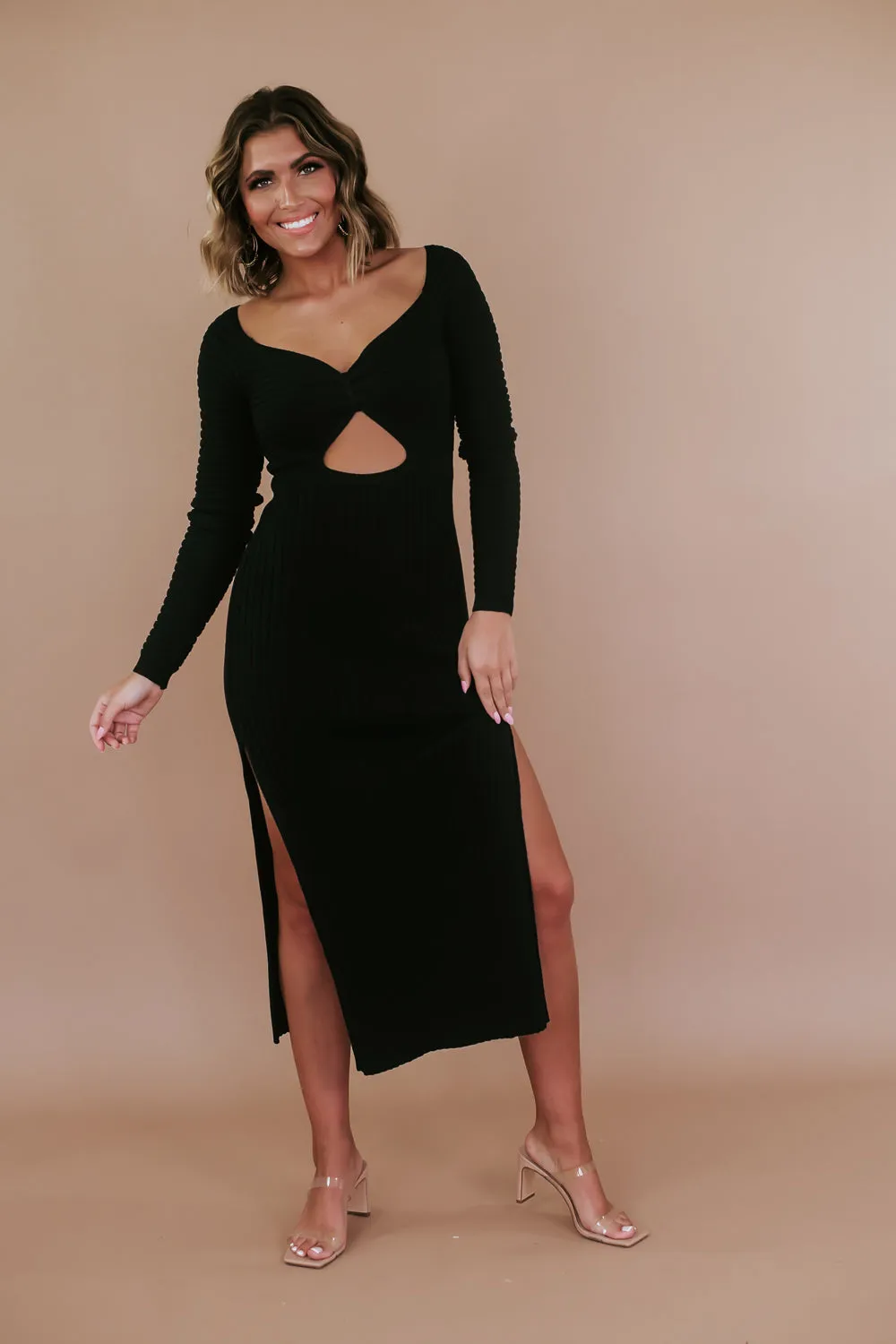 ECB Exclusive: Little Black Ribbed Cutout Slit Long Sleeve Dress, Black