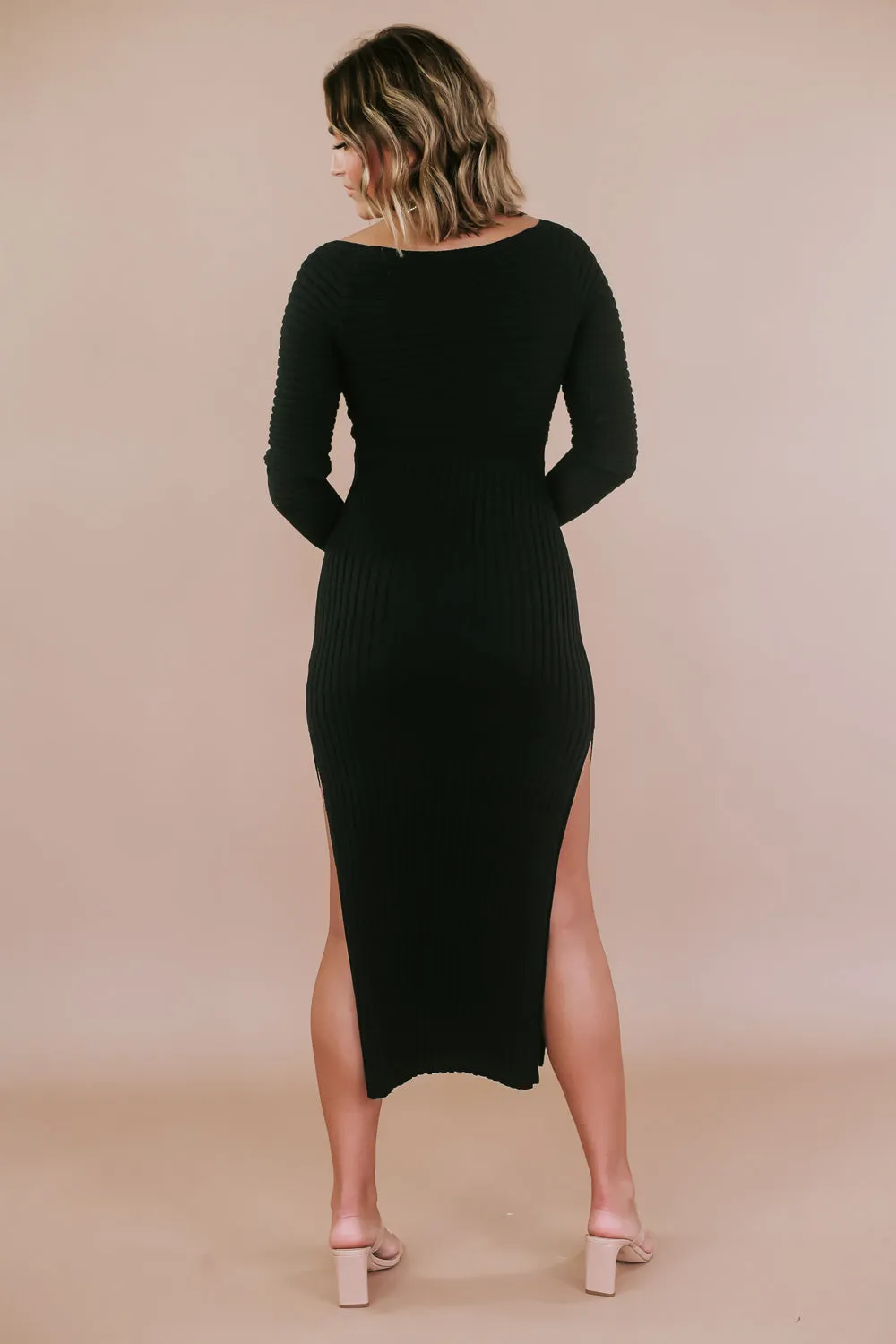 ECB Exclusive: Little Black Ribbed Cutout Slit Long Sleeve Dress, Black