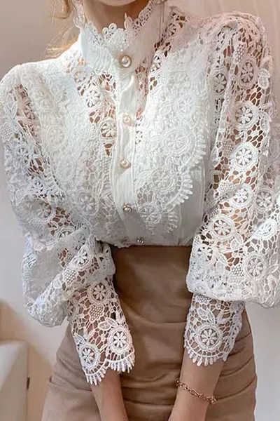 Elegant Patchwork Lace Hollowed Out Buckle Mandarin Collar Blouses(3 Colors)