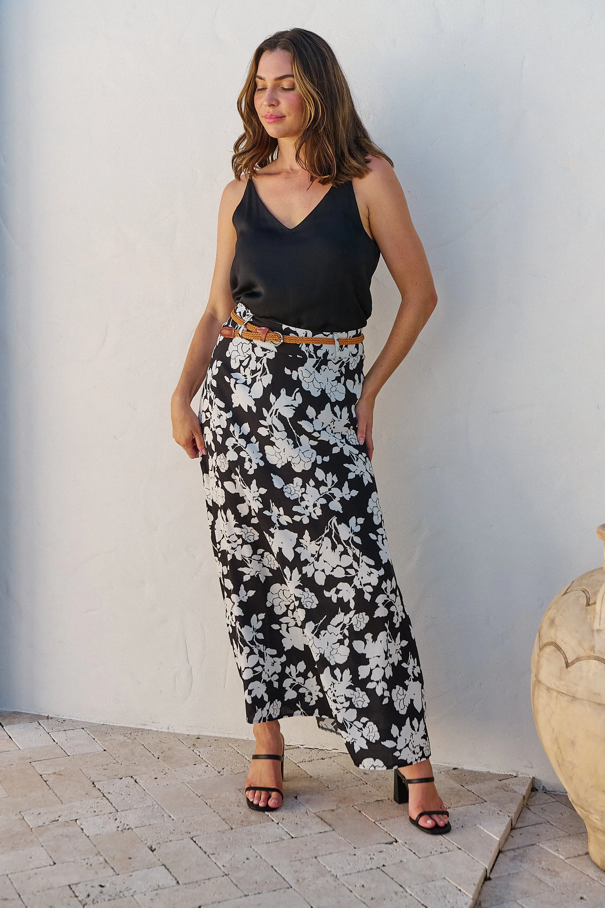 Esperence Black/White Floral Print Maxi Skirt