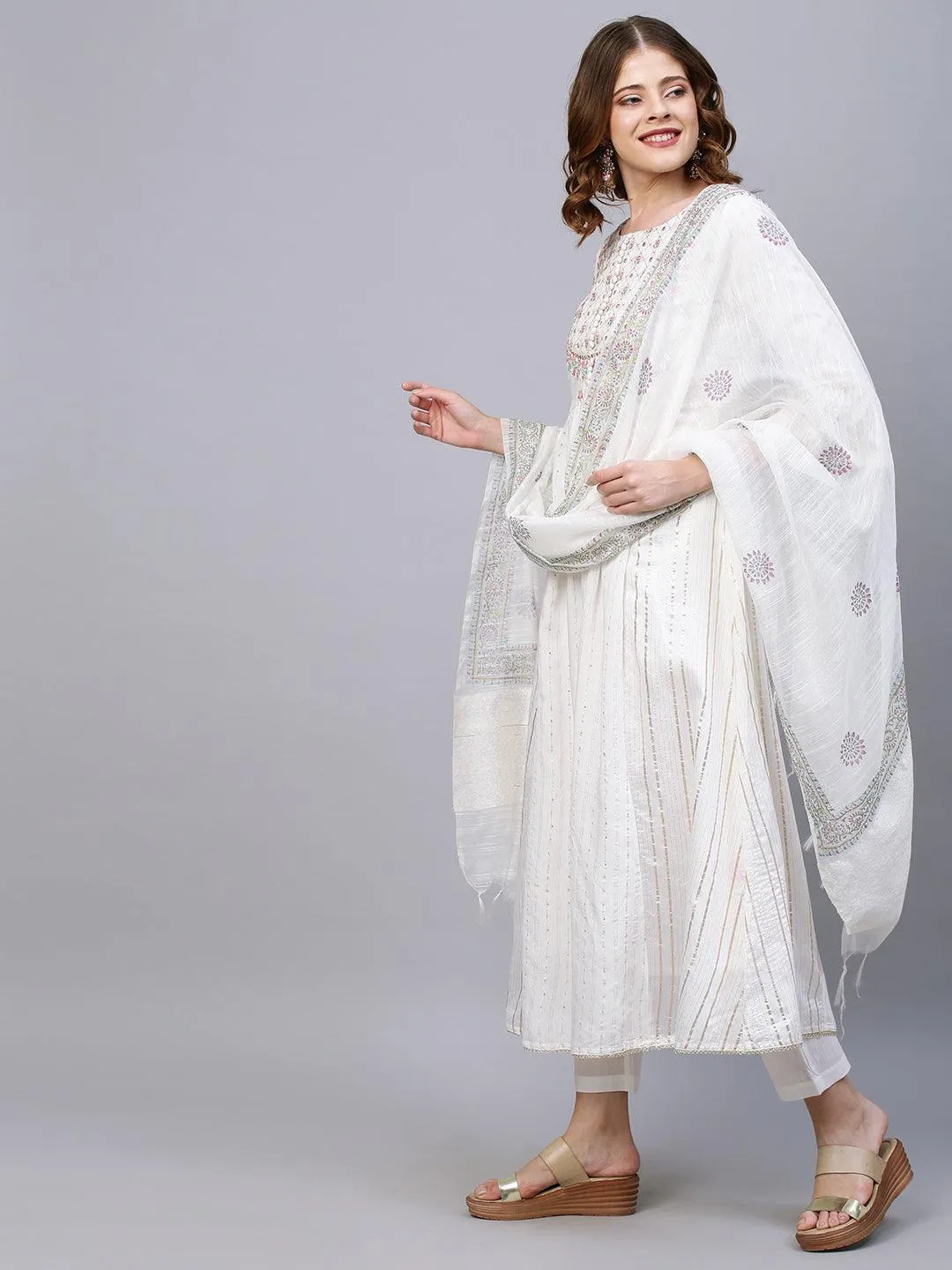 Ethnic Embroidered A-Line Flared Kurta with Pants and Dupatta - White