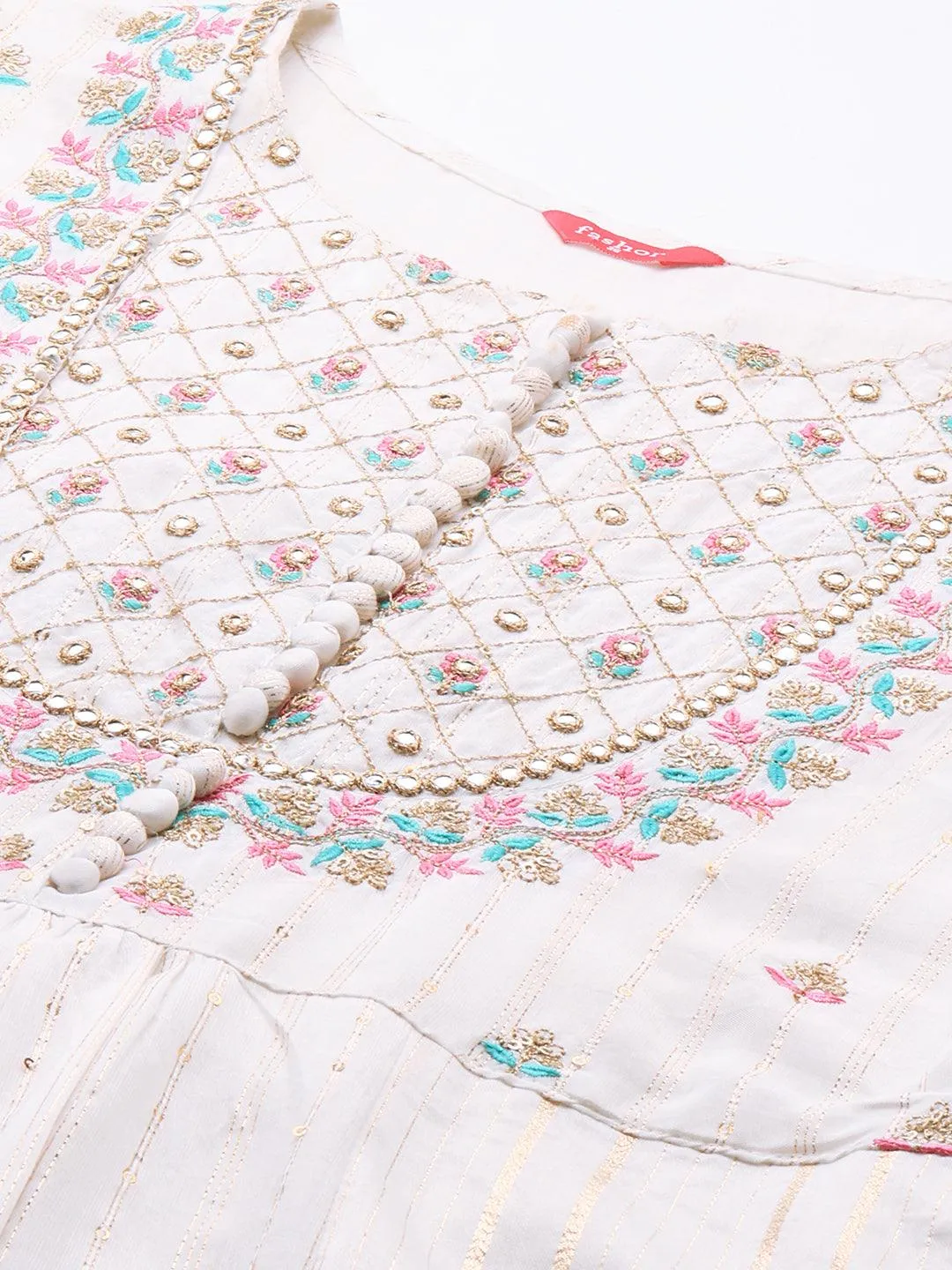 Ethnic Embroidered A-Line Flared Kurta with Pants and Dupatta - White