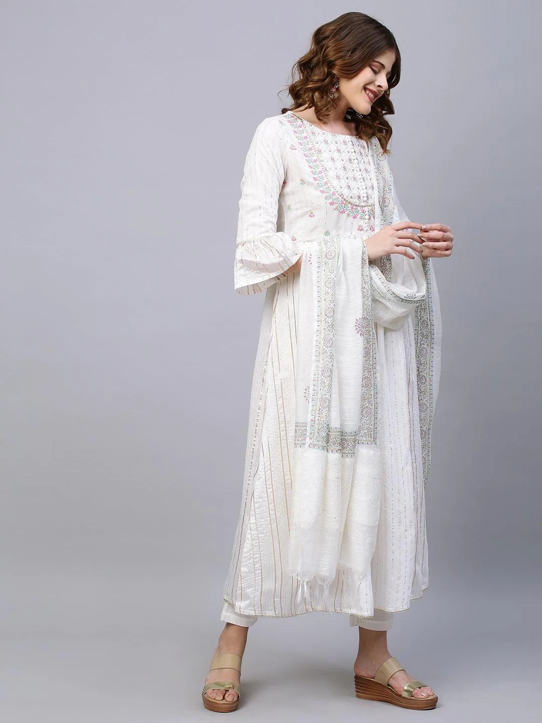 Ethnic Embroidered A-Line Flared Kurta with Pants and Dupatta - White