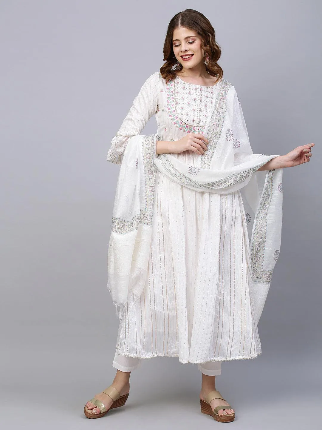 Ethnic Embroidered A-Line Flared Kurta with Pants and Dupatta - White