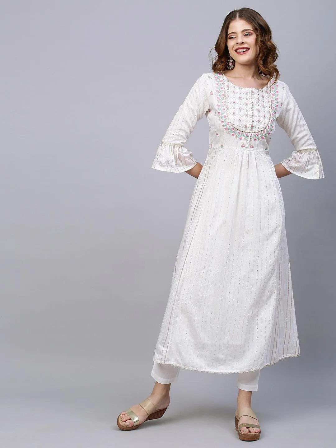 Ethnic Embroidered A-Line Flared Kurta with Pants and Dupatta - White