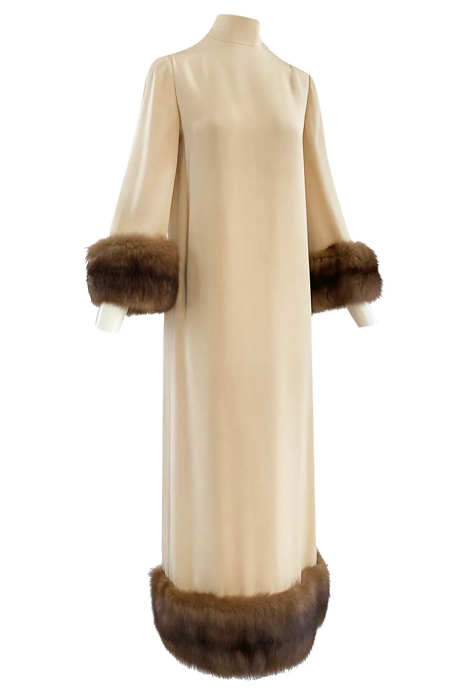 Fall 1966 Norman Norell Couture Ivory Silk Crepe Dress w Natural Mink Cuffs & Hem Detailing