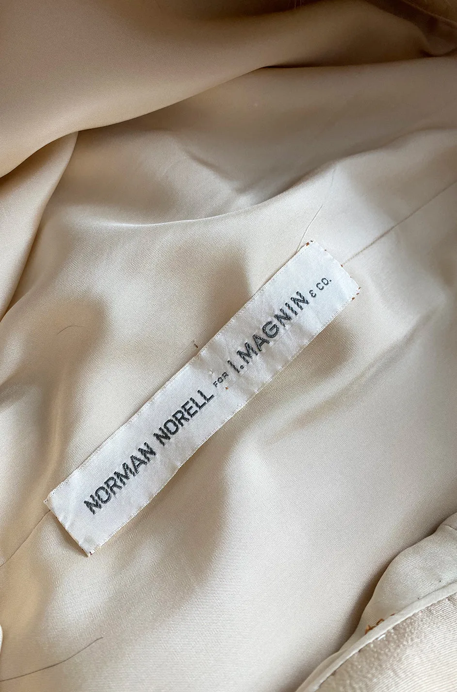 Fall 1966 Norman Norell Couture Ivory Silk Crepe Dress w Natural Mink Cuffs & Hem Detailing