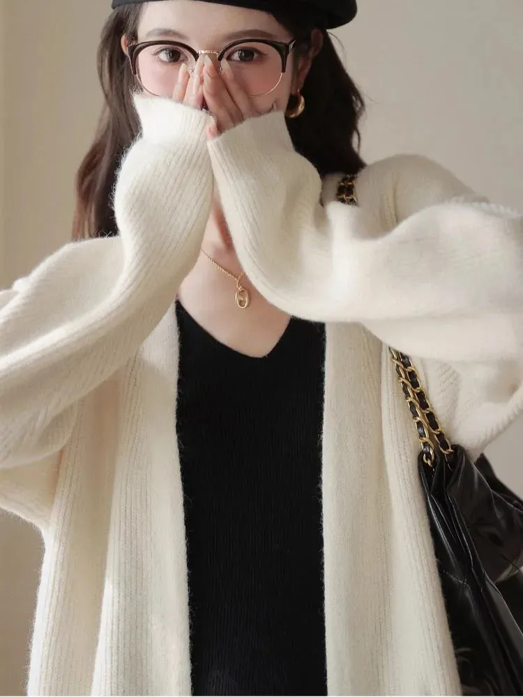 Fall Winter Chic Casual Cardigan Multi Colors Long Coat Loose V Neck Solid Color Long Knitwear Daily Solid Clothes C-255