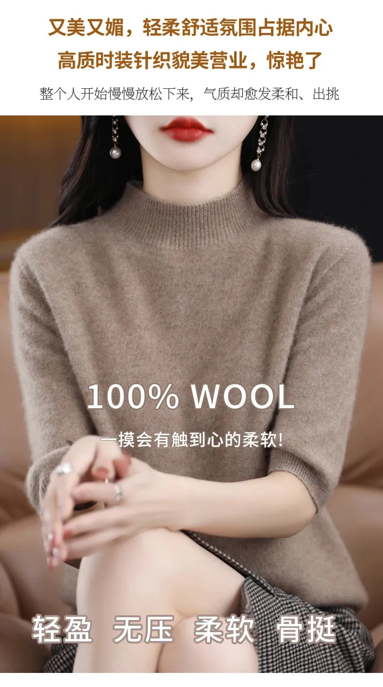 Fashion Half Short Sleeve 100% Merino Wool Sweater Basic Mock-Neck  Cashmere Women Knitted Top  Pullover Clothing Tops