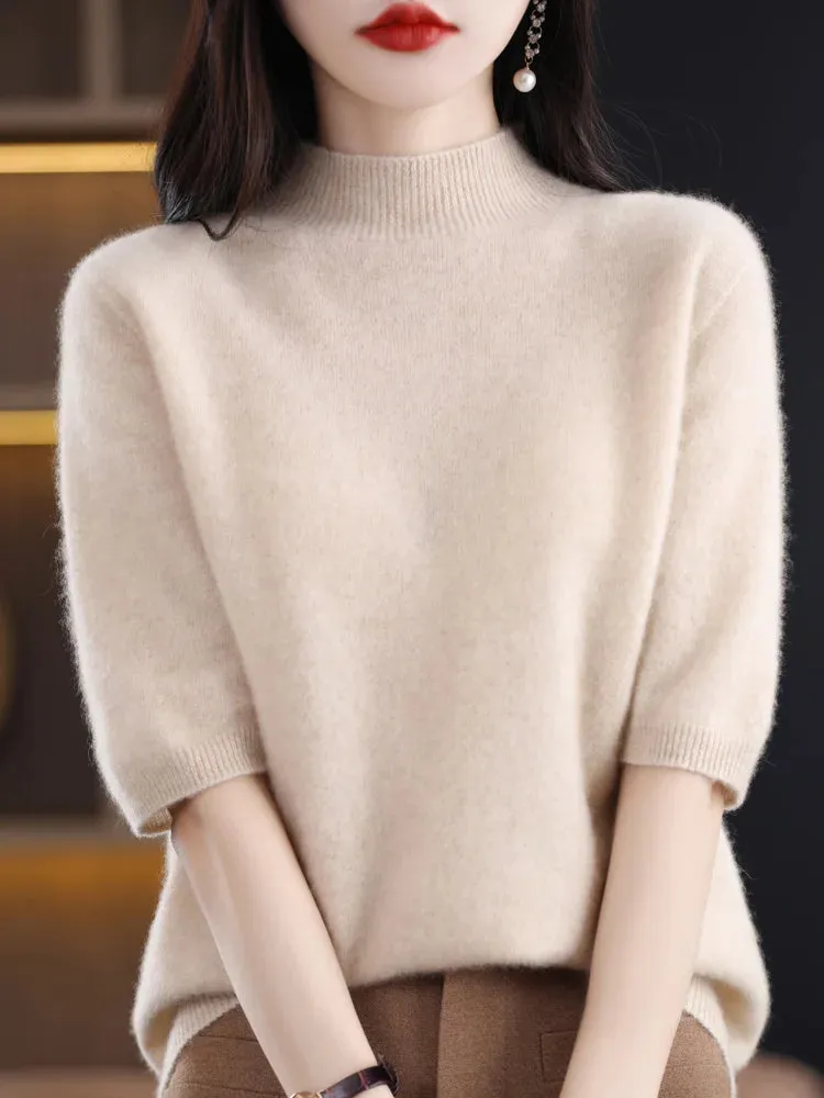 Fashion Half Short Sleeve 100% Merino Wool Sweater Basic Mock-Neck  Cashmere Women Knitted Top  Pullover Clothing Tops