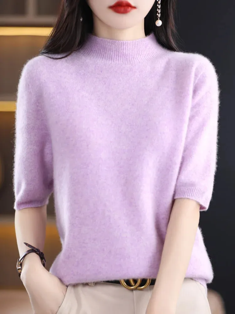 Fashion Half Short Sleeve 100% Merino Wool Sweater Basic Mock-Neck  Cashmere Women Knitted Top  Pullover Clothing Tops