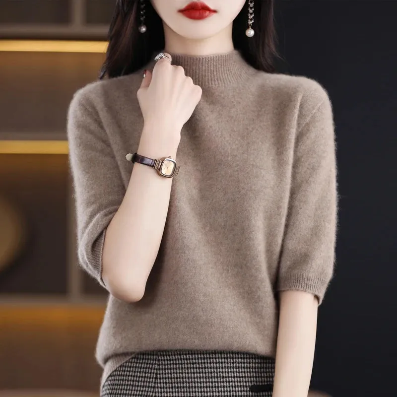 Fashion Half Short Sleeve 100% Merino Wool Sweater Basic Mock-Neck  Cashmere Women Knitted Top  Pullover Clothing Tops