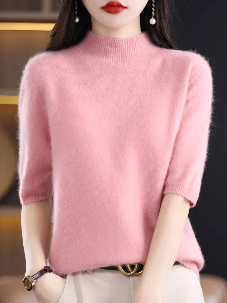 Fashion Half Short Sleeve 100% Merino Wool Sweater Basic Mock-Neck  Cashmere Women Knitted Top  Pullover Clothing Tops