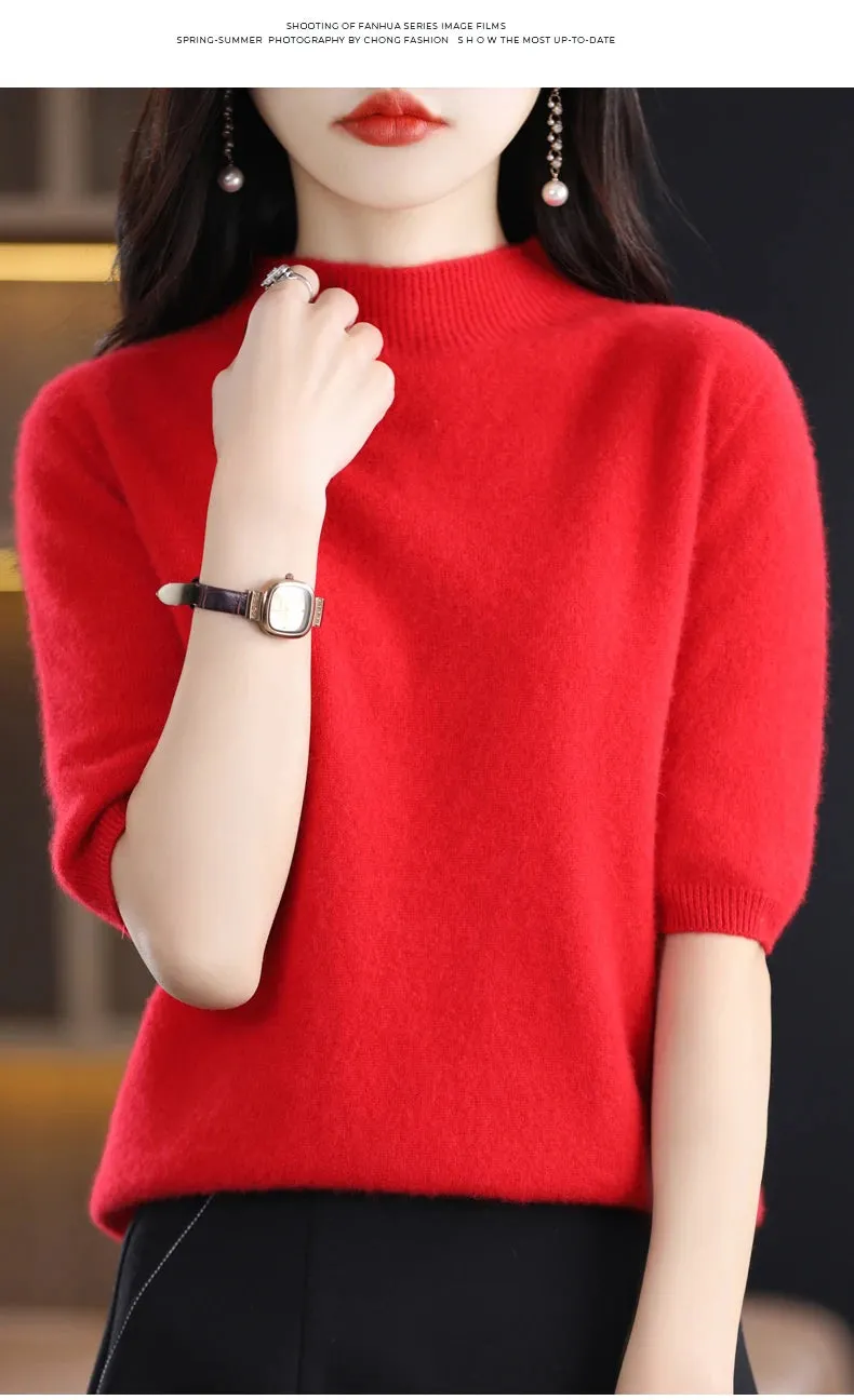 Fashion Half Short Sleeve 100% Merino Wool Sweater Basic Mock-Neck  Cashmere Women Knitted Top  Pullover Clothing Tops