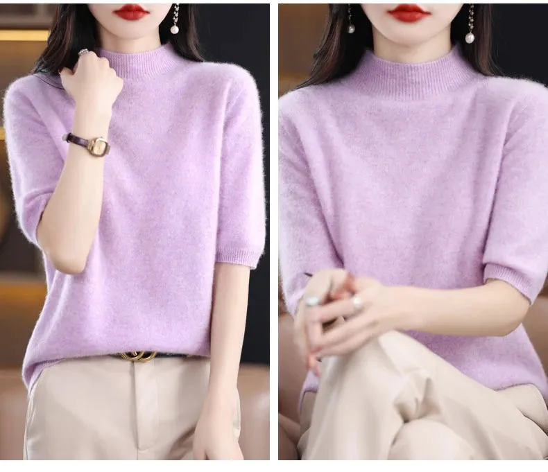 Fashion Half Short Sleeve 100% Merino Wool Sweater Basic Mock-Neck  Cashmere Women Knitted Top  Pullover Clothing Tops